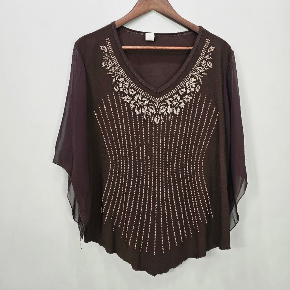 Vtg Y2K In Time Top Blouse 3XL Brown‎ Sheer Embellished Top Boho Festival Fairy